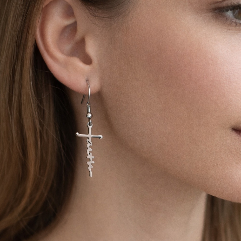 EARRINGS Cross Faith Script Dangle Stainless Steel Dainty Religious Jewelry Gift